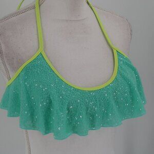 Victoria's Secret Women's Teal Neon Yellow Sequin Bikini Top Size Medium